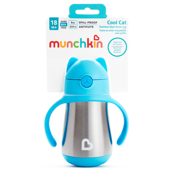 Munchkin Cool Cat Stainless Steel Straw Cup (18m+) 237ml - Blue