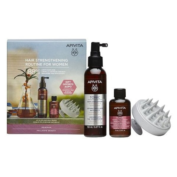 Apivita Hair Strengthening Routine for Women with Tonic Hair Loss Lotion, 150ml & Free Tonic Shampoo, 75ml & Scalp Brush Massager