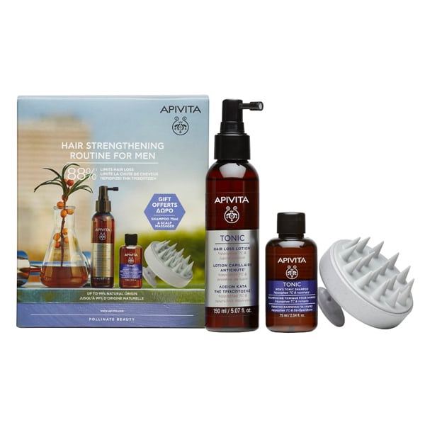 Apivita Set Hair Strengthening Routine For Man Tonic Hair Loss Lotion 150ml + Men's Tonic Shampoo 75ml + Scalp Massager 1pc