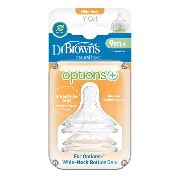 Dr. Brown's Options+ Wide Neck Y-Cut Silicone Nipples for Baby Bottles 9m+ 2pcs